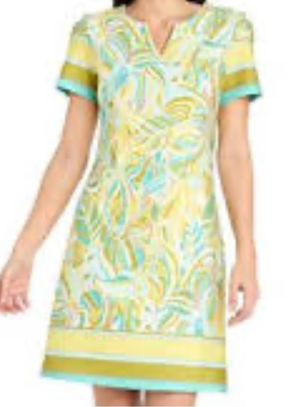 R&M Richards Short Sleeve Border Print Dress, Yellow/Green, Size 10, NWT